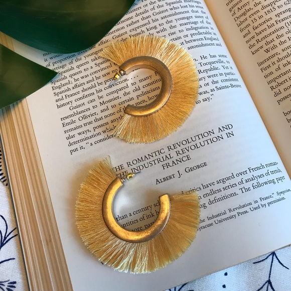 Four Hearts Boutique Jewelry - “Celia” Open hoop Cotton tassel earnings yellow
